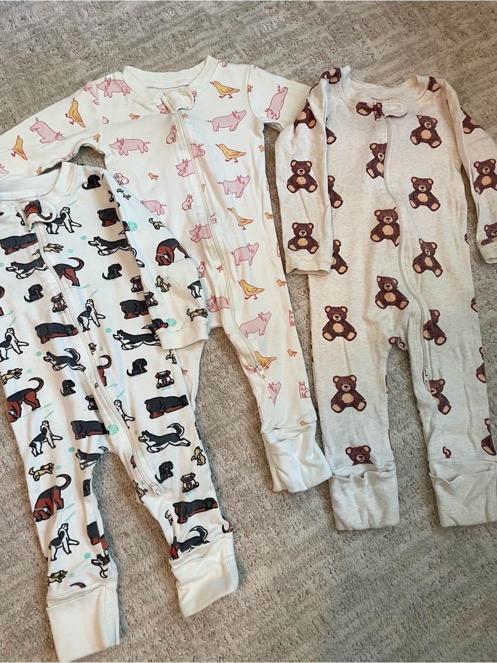 M+A Organic Cotton 3pc Fold Over Footed PJs Dog, Farm Animal, Teddy Bear Prints